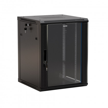 Hyperline TWB-2766-GP-RAL9004 Шкаф настенный 19-дюймовый (19"), 27U, 1304x600х600мм, стеклянная дверь с перфорацией по бокам, ручка с замком, цвет черный (RAL 9004) (разобранный)
