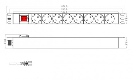 Hyperline SHT19-8SH-S-2.5IEC Блок розеток для 19" шкафов, горизонтальный, 8 розеток Schuko, выключатель с подсветкой, кабель питания 2.5м (3х1.0мм2) с вилкой IEC320 C14 10A, 250В, 482.6x44.4x44.4мм (ШхГхВ), корпус алюминий - фото 2