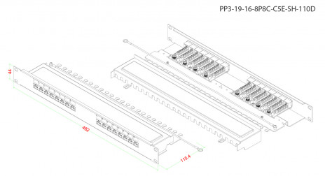 Hyperline PP3-19-16-8P8C-C5E-SH-110D Патч-панель 19", 1U, 16 портов RJ-45 полн. экран., категория 5e, Dual IDC, ROHS, цвет черный - фото 6