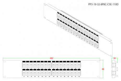 Hyperline PP3-19-32-8P8C-C5E-110D Патч-панель 19", 2U, 32 порта RJ-45, категория 5e, Dual IDC, ROHS, цвет черный - фото 2