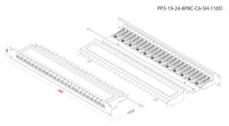 Hyperline PP3-19-24-8P8C-C6-SH-110D Патч-панель 19", 1U, 24 порта RJ-45 полн. экран., категория 6, Dual IDC, ROHS, цвет черный - фото 4