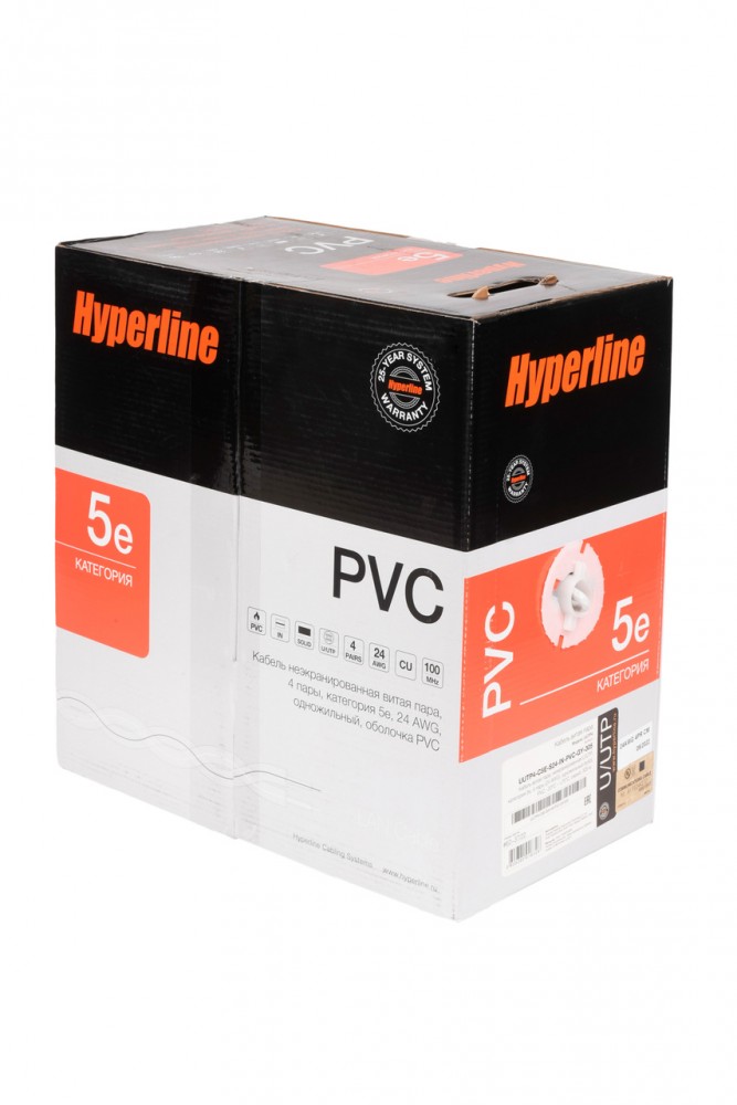 Купить кабель витая пара Hyperline UUTP4-C5E-S24-IN-PVC-GY-305 (305 м .