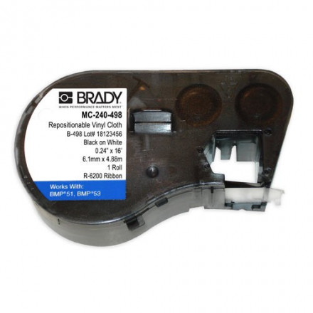 BRADY brd143328 MC-240-498 лента 6.10мм/4.88м. Перемещаемый винил белый, печать черным, в картридже 4.88м (BMP41/51/53)