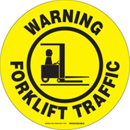 BRADY gws104512 Наполная самоклеющаяся табличка с надписью "Warning Forklift Traffic", материал В-534, цвет - черный на желтом, диаметр 431,8 мм