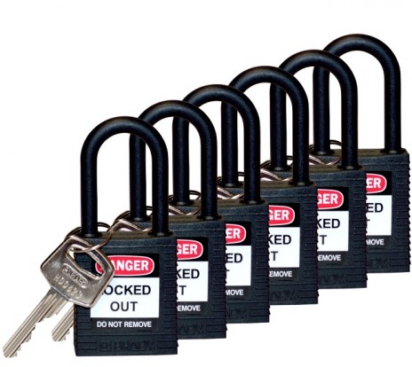 BRADY gws813595 Замок безопасности Brady, нейлоновые корпус и дужка. Высота дужки 38 мм, диаметр дужки 6,5 мм, цвет - черный, 1 ключ, рекомендован для работ при напряжении свыше 1000В, на взрыво/пожароопасных объектах, химических производствах (6 шт/к-т)