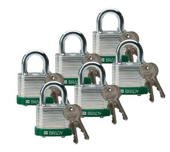BRADY gws814090 Стальные замки, высота дужки 20 мм, диаметр дужки 7 мм, цвет бампера - зеленый, 1 ключ, устойчив к низкой температуре (6 шт/к-т)