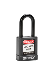 BRADY gws834469 Замок безопасности Brady. Алюминиевый корпус, стальная дужка, полностью покрыт нейлоном. Корпус: 20х90х40мм. Дужка: высота 38мм, толщина 6.5мм, цвет - черный, 1 ключ, комплект 6 замков