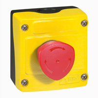 LEGRAND 024212 Кнопочный пост управления в сборе с 1 кнопкой, кнопка для аварийного отключения с грибовидной головкой ф40мм с возвратом-поворотом + контакт Н.З., IP66, основание с желтой крышкой, цвет кнопки красный, Osmoz