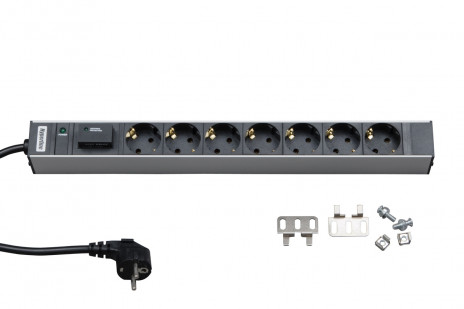 Hyperline SHT19-7SH-IF-2.5EU Блок розеток для 19" шкафов, горизонтальный, 7 розеток Schuko, индикатор питания, защита от перенапряжения (сменный блок), кабель питания 2.5м (3х1.5мм2) с вилкой Schuko 16A, 250В, 482.6x44.4x44.4мм (ШхГхВ), корпус алюминий - фото 2
