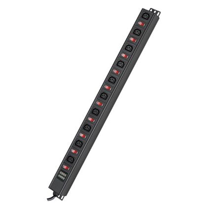 DKC / ДКС R519IEC10SWCD Блок распределения питания вертикальный для 19" шкафов, 10A 10 х С13, защита от перегрузки, индикатор тока, вх. разъём С14