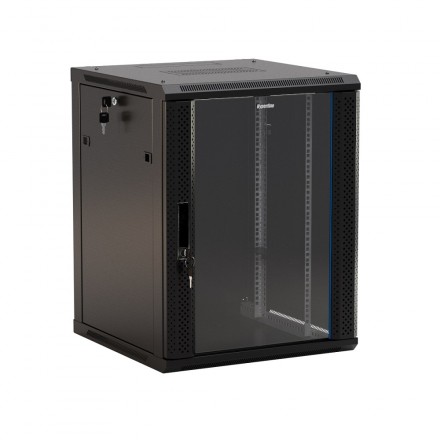 Hyperline TWB-1566-GP-RAL9004 Шкаф настенный 19-дюймовый (19"), 15U, 775x600х600мм, стеклянная дверь с перфорацией по бокам, ручка с замком, цвет черный (RAL 9004) (разобранный)