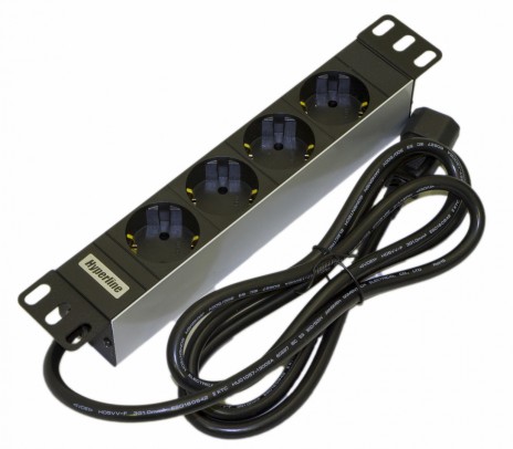 Hyperline SHT10-4SH-IEC Блок розеток для 10" шкафов, горизонтальный, 4 розетки Schuko, входной разъем IEC320 C14 10A, 250В, установочный размер 236 мм,  254х44.4х44.4мм (ДхШхВ), копрус алюминий