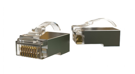 Hyperline PLEZ-8P8C-UA-C6-SH-100 Разъем легкой оконцовки RJ-45 (8P8C) под витую пару, язычок Arch, категория 6 (50 µ"/ 50 микродюймов), экранированный, универсальный (для одножильного и многожильного кабеля) (100 шт.)