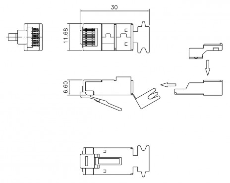 Hyperline PLUG-8P8C-UV-C6A-SH-50 Разъем RJ-45(8P8C) под витую пару, 10Gb категория 6A (50 µ"/ 50 микродюймов), экранированный, универсальный (для одножильного и многожильного кабеля), со вставкой (50 шт) - фото 2