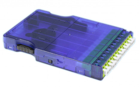 Hyperline PPTR-CSS-1-6xDLC-SM/GN-BL Корпус кассеты для оптических претерминированных решений, 6 дуплексных портов LC/APC, ввод кабеля, возможна установка проходного адаптера MPO, для одномодового кабеля, синий корпус/зеленые порты