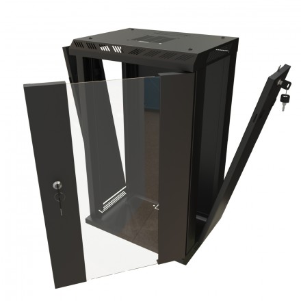 Hyperline TDB-12U-GP-RAL9004 Шкаф настенный 10'', 12U, 649,5х390х300, уст. размер 254 мм, со стеклянной дверью, открывающиеся стенки, возможность установки вентилятора, цвет черный (RAL 9004) (собранный) - фото 5