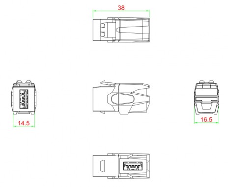 Hyperline KJ1-USB-VA3-BK Вставка формата Keystone Jack с проходным адаптером USB 3.0 (Type A), 90 градусов, ROHS, черная - фото 3