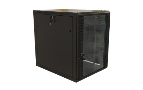 Hyperline TWB-1268-GP-RAL9004 Шкаф настенный 19-дюймовый (19"), 12U, 650x600х800мм, стеклянная дверь с перфорацией по бокам, ручка с замком, цвет черный (RAL 9004) (разобранный)