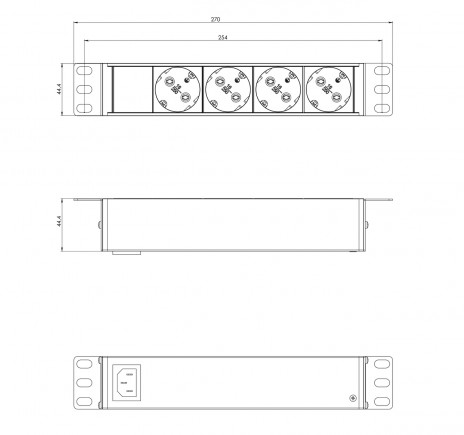 Hyperline SHE10-4SH-IEC Блок розеток для 10" шкафов, горизонтальный, 4 розетки Schuko, без кабеля питания, входной разъем IEC320 C14 10A, 250В, 270х44.4х44.4мм (ДхШхВ), корпус алюминий, черный - фото 2