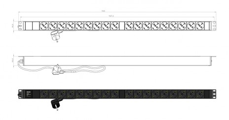 Hyperline SHE-18SH-2.5EU Блок розеток, вертикальный, 18 розеток Schuko, кабель питания 2.5м (3х1.5мм2) с вилкой Schuko 16A, 250В, 950x44.4x44.4мм (ДхШхВ), корпус алюминий, черный - фото 3