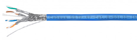 Cabeus SSTP-4P-Cat.8-SOLID-IN-LSZH-BL Кабель экранированная витая пара SSTP (S/FTP), категория 8 (40G, 2000 MHz), 4 пары (23 AWG), LSZH, нг(А)-HF (305 м)