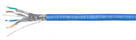 Cabeus SSTP-4P-Cat.8-SOLID-IN-LSZH-BL-100 Кабель экранированная витая пара SSTP (S/FTP), категория 8 (40G, 2000 MHz), 4 пары (23 AWG), LSZH, нг(А)-HF, (100 м)