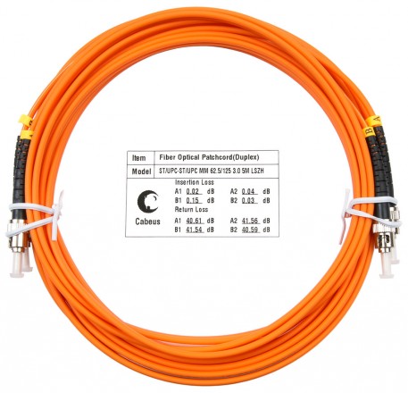 Cabeus FOP-62-ST-ST-5m Шнур оптический duplex ST-ST 62,5/125 mm 5м LSZH, оранжевый