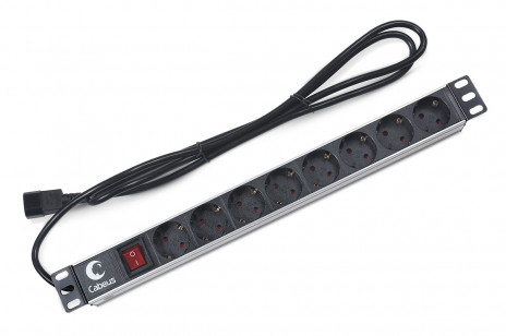 Cabeus PDU-8P-2IEC Блок евророзеток для 19" шкафов, горизонтальный, 8 розеток, 10 A, выключатель, алюминиевый корпус, шнур 2 м, вилка IEC 320 C14