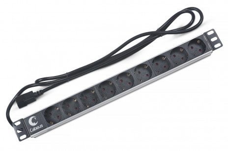 Cabeus PDU-9P-2IEC Блок евророзеток для 19" шкафов, горизонтальный, 9 розеток, 10 A, без выключателя, алюминиевый корпус, шнур 2 м, вилка IEC 320 C14