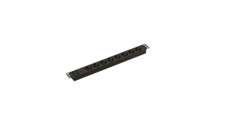Hyperline SHE19-8SH-M-AIEC Блок розеток для 19" шкафов, горизонтальный, 8 розеток Schuko, автоматический выключатель (термоавтомат), без кабеля питания, входной разъем IEC320 C20 16A, 250В, 482.6x44.4x44.4мм (ШхГхВ), корпус алюминий, черный