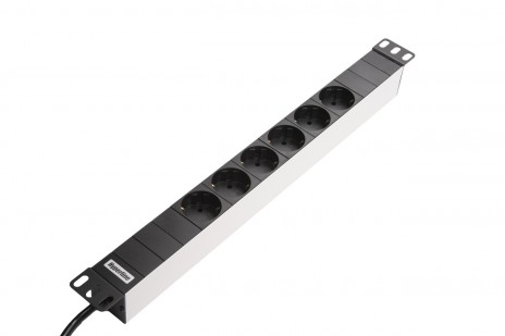 Hyperline SHT19-6SH-2.5IEC Блок розеток для 19" шкафов, горизонтальный, 6 розеток Schuko, кабель питания 2.5м (3х1.0мм2) с вилкой IEC320 C14 10A, 250В, 482.6x44.4x44.4мм (ШхГхВ), корпус алюминий - фото 2