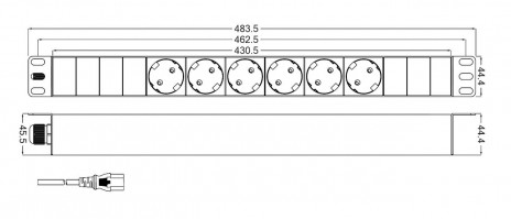 Hyperline SHT19-6SH-2.5IEC Блок розеток для 19" шкафов, горизонтальный, 6 розеток Schuko, кабель питания 2.5м (3х1.0мм2) с вилкой IEC320 C14 10A, 250В, 482.6x44.4x44.4мм (ШхГхВ), корпус алюминий - фото 6
