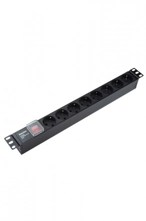 Hyperline SHE19-8SH-S-IEC Блок розеток для 19" шкафов, горизонтальный, 8 розеток Schuko, выключатель с подсветкой, без кабеля питания, входной разъем IEC320 C14 10А, 250В, 482.6x44.4x44.4мм (ШхГхВ), корпус алюминий, черный
