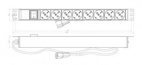 Hyperline SHE19-8SH-S-2.5IEC Блок розеток для 19" шкафов, горизонтальный, 8 розеток Schuko, выключатель с подсветкой, кабель питания 2.5м (3х1.0мм2) с вилкой IEC320 C14 10A, 250В, 482.6x44.4x44.4мм (ШхГхВ), корпус алюминий, черный - фото 5