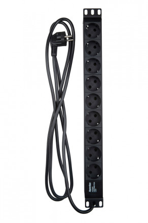 Hyperline SHE19-9SH-2.5EU Блок розеток для 19" шкафов, горизонтальный, 9 розеток Schuko, кабель питания 2.5м (3х1.5мм2) с вилкой Schuko 16A, 250В, 482.6x44.4x44.4мм (ШхГхВ), корпус алюминий, цвет черный - фото 4