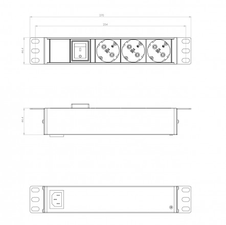 Hyperline SHE10-3SH-S-IEC Блок розеток для 10" шкафов, горизонтальный, 3 розетки Schuko, выключатель с подсветкой, без кабеля питания, входной разъем IEC320 C14 10А, 250В, 270х44.4х44.4мм (ШхВхГ), корпус алюминий, черный - фото 4