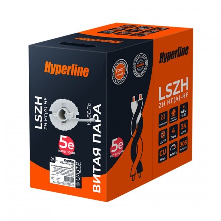 Hyperline UUTP4R-C5E-S24-IN-LSZH-GY-305 (305 м) Кабель витая пара, неэкранированный U/UTP, категория 5e, 4 пары 24 AWG, 4х2х0,51 мм, однопроволочные жилы, LSZH, нг(А)-HF, внутренний -40°C – +75°C, серый, системная гарантия 25 лет - фото 2