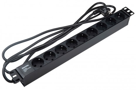 Hyperline SHE19-9SH-2.5EU Блок розеток/PDU 19", 9 розеток Schuko, кабель питания 2,5м с вилкой Sсhuko (CEE7/7), 16А, 230В, чёрный, 482.6x44.4x44.4мм