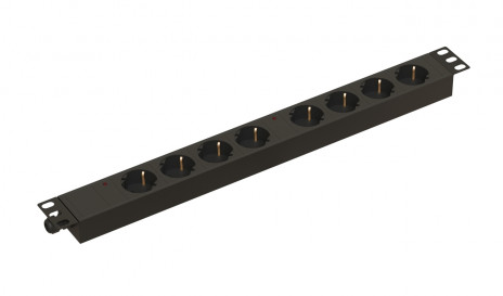 Hyperline SHE19-8SH-I-CB Блок розеток/PDU 19", 6 розеток IEC 60320 С19, индикация питания, два контура по 16А, клеммная колодка 32А, без кабеля питания, 230В, чёрный, 482.6х44.4х44.4мм