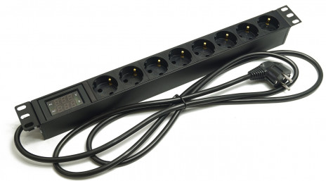 Hyperline SHE19-8SH-AV-2.5EU Блок розеток/PDU 19", 8 розеток Schuko, амперметр, вольтметр, кабель питания 2,5м с вилкой Sсhuko (CEE7/7), 16А, 230В, чёрный, 482.6x44.4x44.4мм