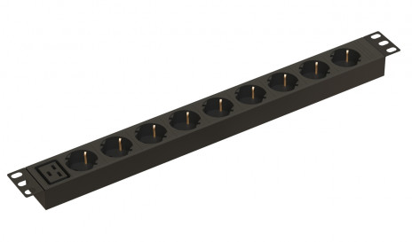 Hyperline SHE19-9SH-AIEC Блок розеток/PDU 19", 9 розеток Schuko, входной разъем IEC 60320 C20, без кабеля питания, 16А, 230В, чёрный, 482.6x44.4x44.4мм