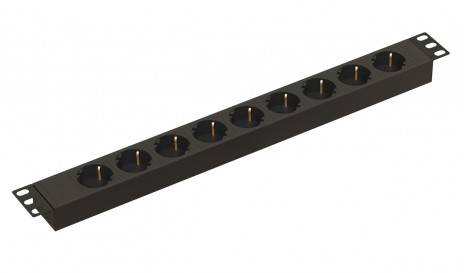 Hyperline SHE19-9SH-IEC Блок розеток/PDU 19", 9 розеток Schuko, входной разъем IEC 60320 C14, без кабеля питания, 10А, 230В, чёрный, 482.6x44.4x44.4мм