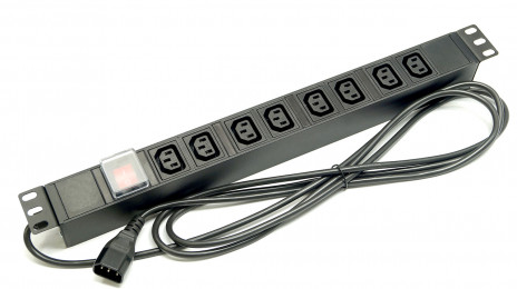 Hyperline SHE19-8IEC-S-2.5IEC Блок розеток/PDU 19", 8 розеток IEC 60320 С13, выключатель с подсветкой, кабель питания 2,5м с вилкой IEC 60320 C14, 10А, 230В, однофазный, чёрный, 482.6x44.4x44.4мм