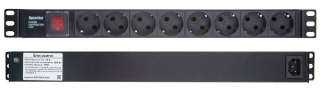 Hyperline SHE19-8SH-S-IEC Блок розеток/PDU 19", 8 розеток Schuko, выключатель с подсветкой, входной разъем IEC 60320 C14, без кабеля питания, 10А, 230В, чёрный, 482.6x44.4x44.4мм - фото 3