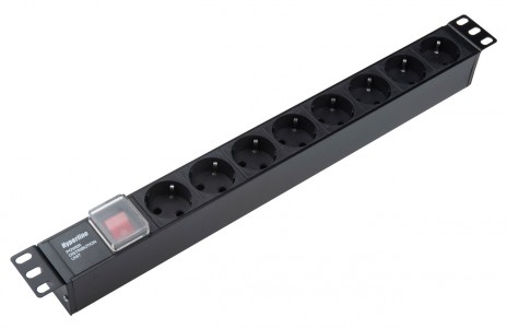 Hyperline SHE19-8SH-S-IEC Блок розеток/PDU 19", 8 розеток Schuko, выключатель с подсветкой, входной разъем IEC 60320 C14, без кабеля питания, 10А, 230В, чёрный, 482.6x44.4x44.4мм