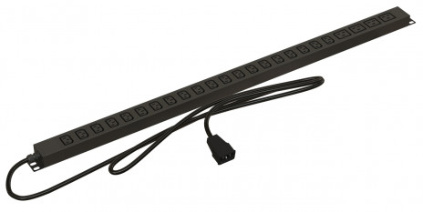 Hyperline SHE-20IEC-4BIEC-2.5AIEC Блок розеток, вертикальный, 20 розеток IEC320 C13, 4 розетки IEC320 C19, кабель питания 2.5м (3х1.5мм2) с вилкой IEC320 C20 16A, 250В, корпус алюминий, черный