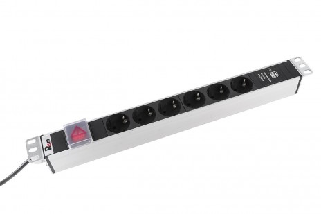 REM R-16-6S-V-U-440-1.8 Блок розеток Rem-16 с выкл и USB-портом, 6 Schuko, 16A, алюм., 19", шнур 1,8 м., серый