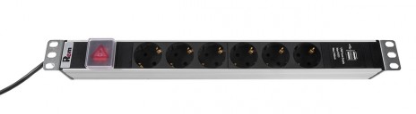 REM R-16-6S-V-U-440-1.8 Блок розеток Rem-16 с выкл и USB-портом, 6 Schuko, 16A, алюм., 19", шнур 1,8 м., серый - фото 2