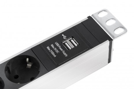 REM R-16-6S-V-U-440-3 Блок розеток Rem-16 с выкл и USB-портом, 6 Schuko, 16A, алюм., 19", шнур 3 м., серый - фото 4