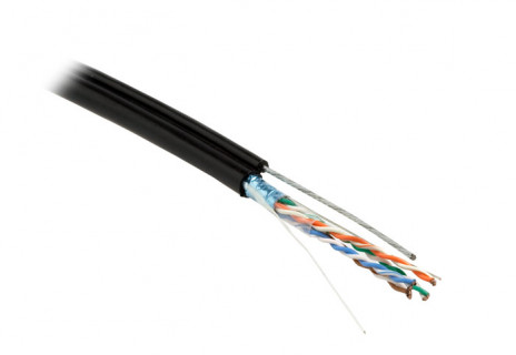 Hyperline FUTP4-C5E-S24-2SW-OUT-PE-BK (на отрез) Кабель витая пара, экранированный F/UTP, общий экран фольга, категория 5e, 4 пары 24 AWG, 4х2х0,51 мм, однопроволочные жилы, с усил.металл.тросом, PE, внешний -40°C – +80°C, черный